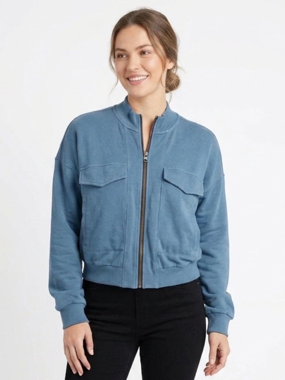 NEW! LANSTON Zip-Front Bomber Zip-Up Sweatshirt Size L in Mineral Blue